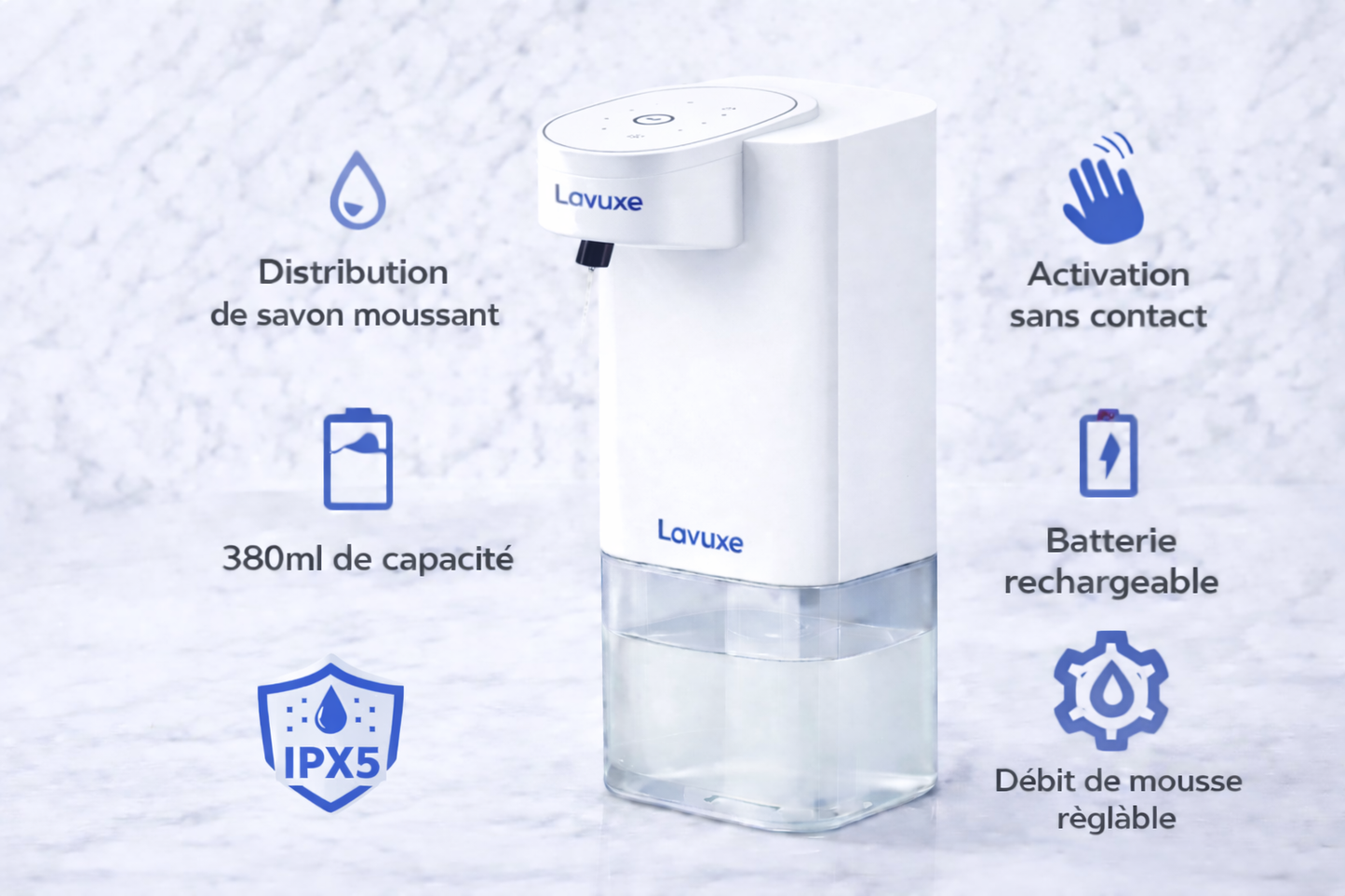 Distributeur automatique de savon mousse sans contact – 380 ml rechargeable USB avec débit de mousse réglable